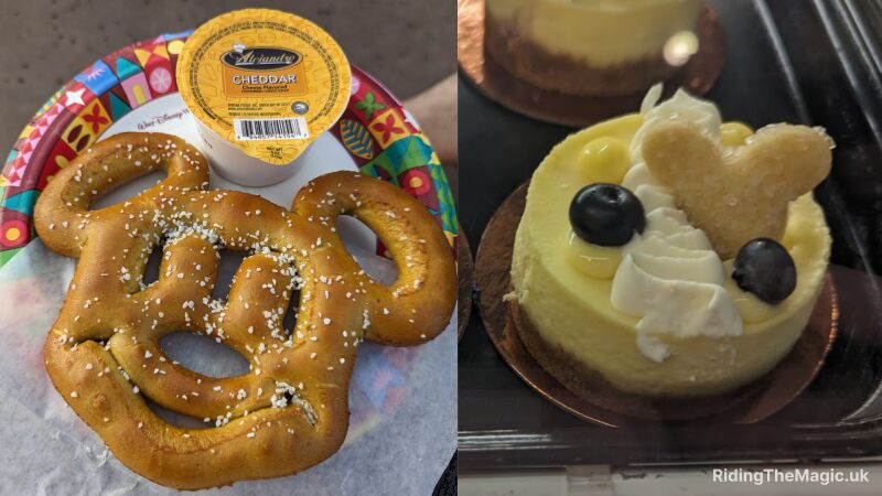 Two food items, a pretzel and a cheesecake, are shown in two separate photos