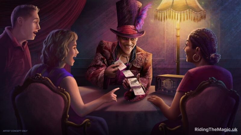 man with purple top hat and feather in hat band shuffling cards in front of three guests, two sitting with back to image on pink backed chairs, side view of a man standing dimly lit artist concept image