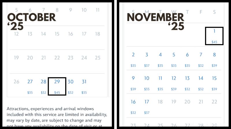 Calendar showing October 29 and November 1 with prices