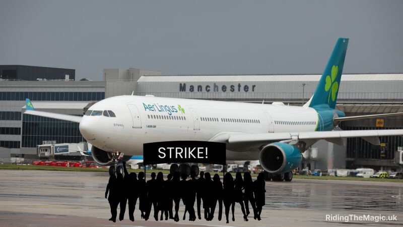 AerLingus airplane on the runway with STRIKE! sign in front of it