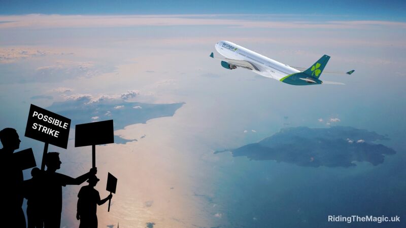 Aer Lingus plane flying above silhouettes of people holding signs that say "Possible Strike"