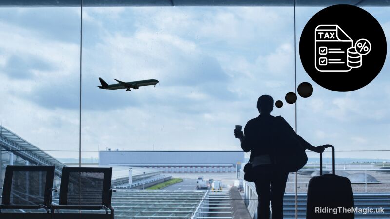 Silhouette of woman with luggage at airport with airplane in background and TAX icon