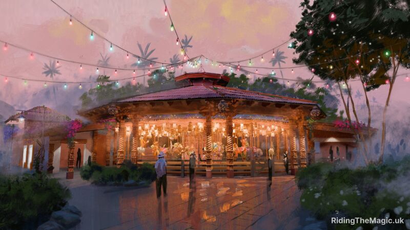 Concept art showing a carrousel with people looking on in a murky jungle setting