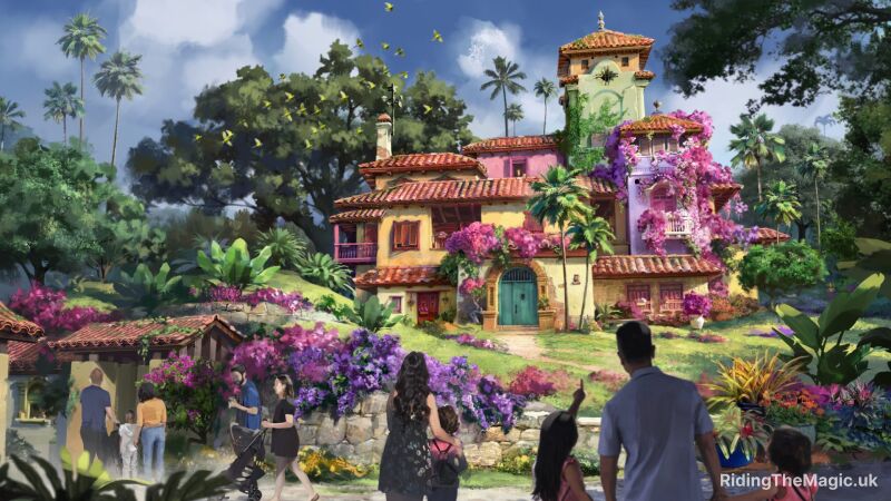 Concept art showing Encanto attraction based on the Casita with people looking on