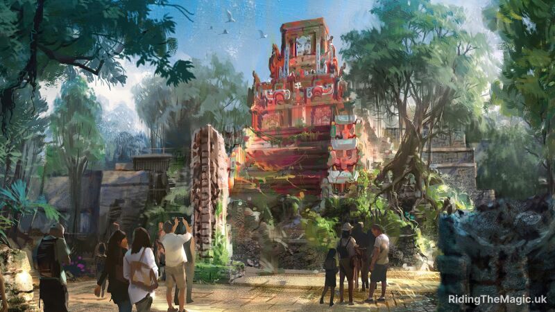 Concept art for Indiana Jones showing a pyramid overgrown in the jungle with people looking on