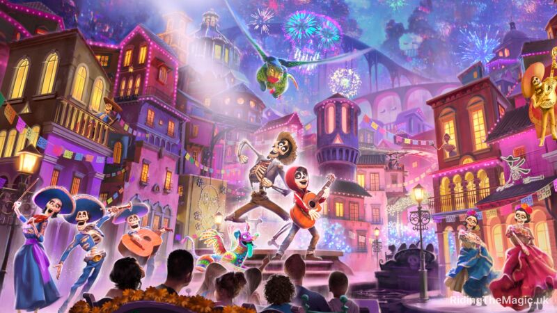 Characters from Coco putting on a show surrounded by dancers, musicians and a crowd with fireworks and tall buildings