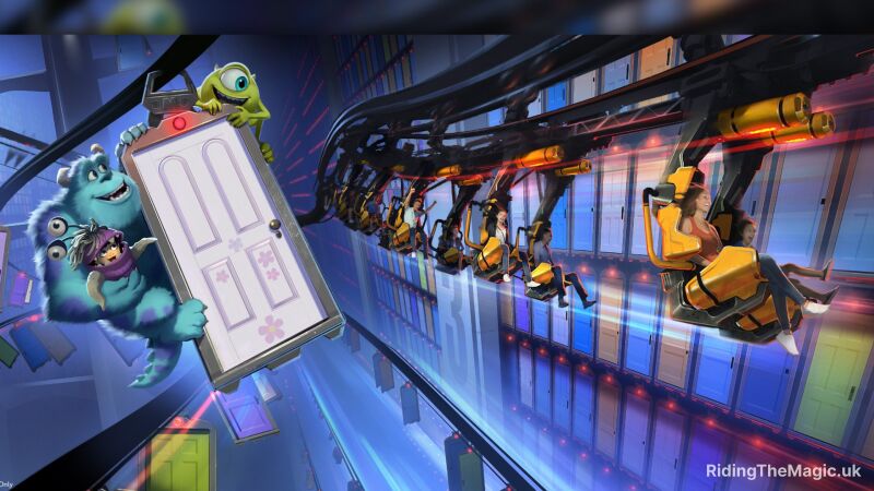 Characters from Monsters Inc holding on to a door whilst a roller coaster with people on board flies by