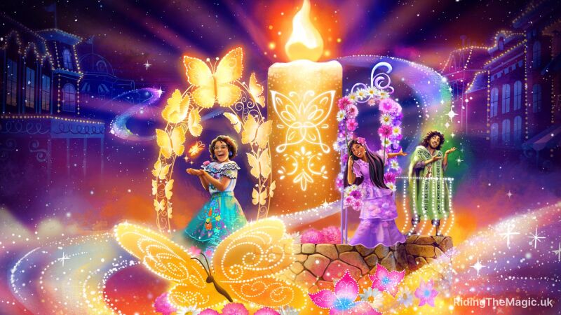 Characters from the film Encanto stand in front of a large lit candle in a brightly coloured image