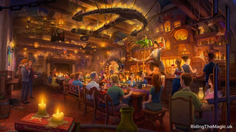 A pirate themed tavern with people enjoying entertainment provided by a bar man