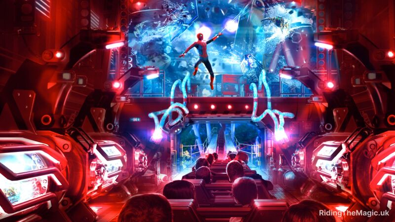 Spider Man swings through the scene as a ride car travels underneath with people in it