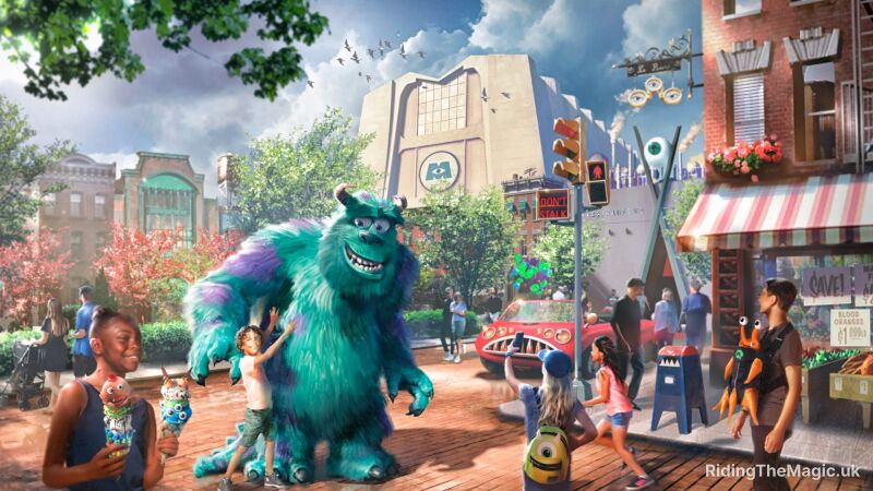 Concept art showing Monsters Inc characters with the factory in the background and a court yard street scene in front