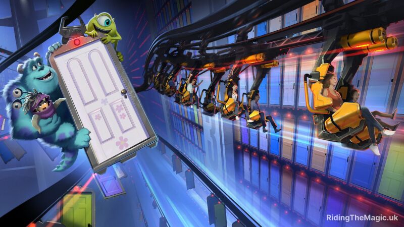 Concept art showing Monsters Inc characters holding on to a door whilst a suspended ride train passes by with people enjoying them selves in front of rows of doors