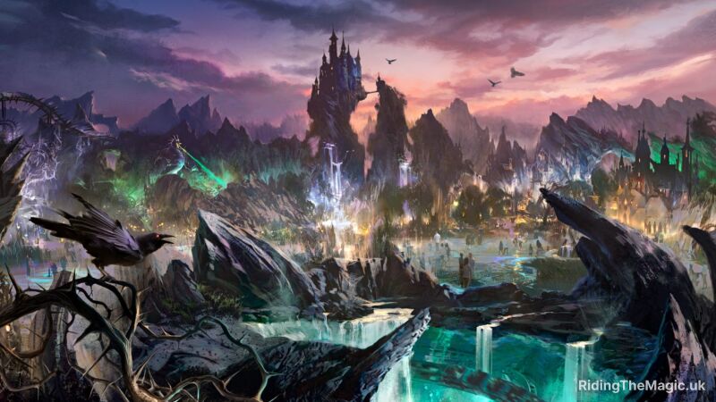 Artists rendition of Villains land with a dark evil landscape and a castle