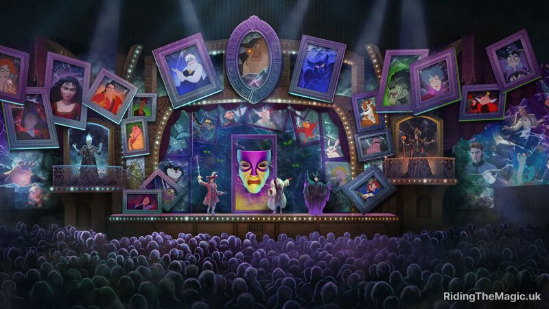 Concept art showing a stage surrounded by portraits of Disney villains with a large crowd in the auditorium