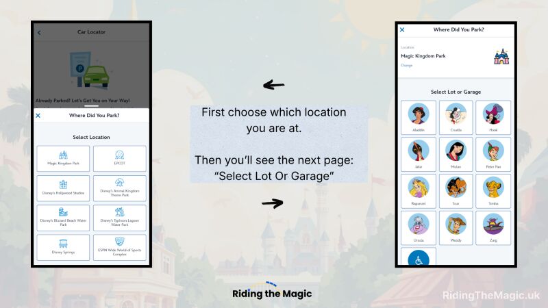 Mobile app mockup showing a "Where Did You Park?" location selection screen and the following "Select Lot Or Garage" screen with instructional text.