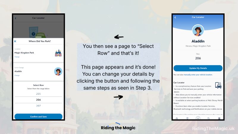 Two smartphone screens of a "Car Locator" app with instructional text explaining how to select and save your parking row.