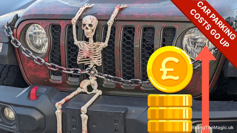 Car parking costs go up with a skeleton on a car and a pound sign