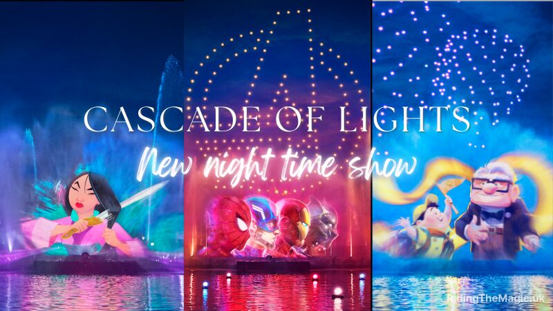 Collage of images from the new night time show Cascade of Lights