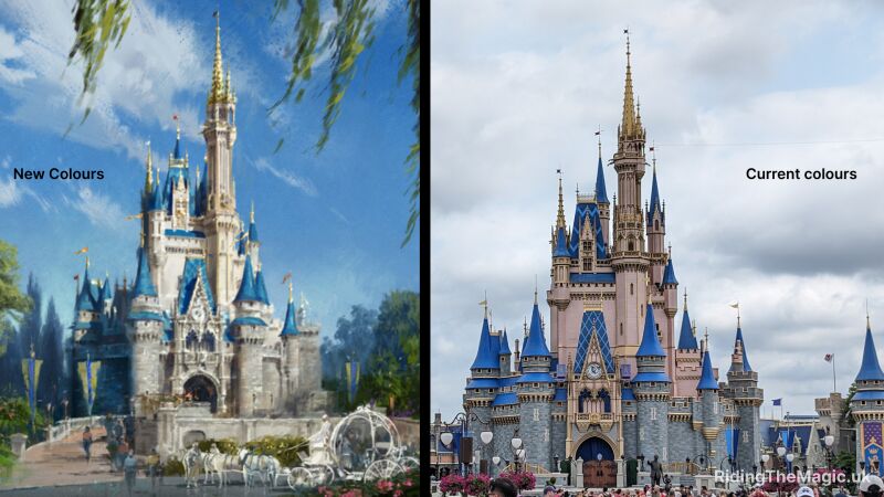 artists impression of cinderella castle white and light blue turrets next to current picture of Cinderella castle pink turrets with royal blue roof