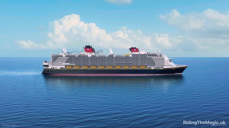 Artist image of Disney Adventure cruise ship in blue ocean blue sky