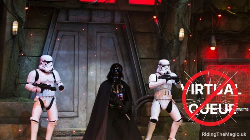 Darth Vader and two stormtroopers stand in front of a door with a red sign