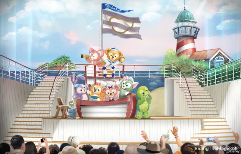 stage with white stairs either side, plush Duffy and Friends characters in boat on stage with grey and white flag flying lighthouse in background backs of heads of people watching in foreground