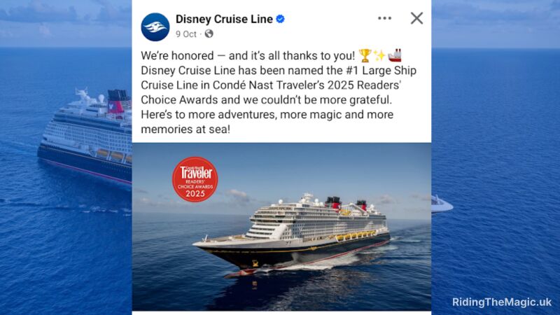 Disney Cruise Line wins Conde Nast Traveler's 2025 Readers' Choice Awards for #1 Large Ship Cruise Line