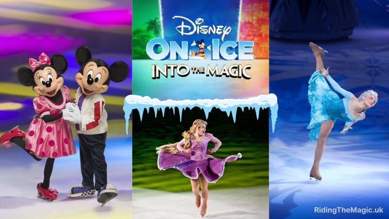 picture of minnie mouse and mcikey mouse left on ice skates words disney on ice into the magic top centre bottom centre woman dressed in urple dress as rapunzel on ice skate right woman with leg in air on ice dressed in blue dress white hair elsa