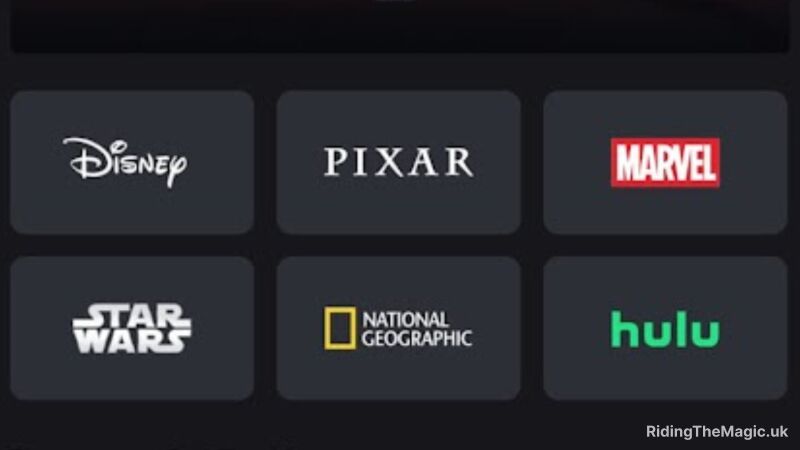 Disney+ app interface with Disney, Pixar, Marvel, Star Wars, National Geographic, and Hulu logos