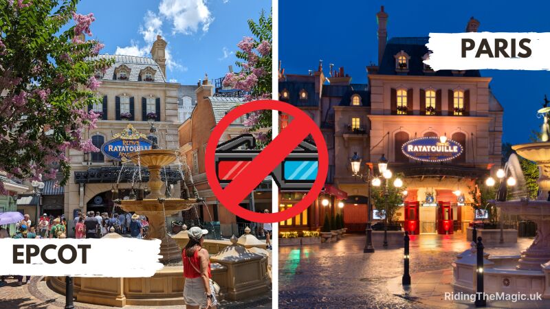 A split image of the Epcot and Paris parks in Disney World with a no selfie sign