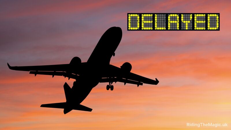 A plane in the sky with a delay sign in the background