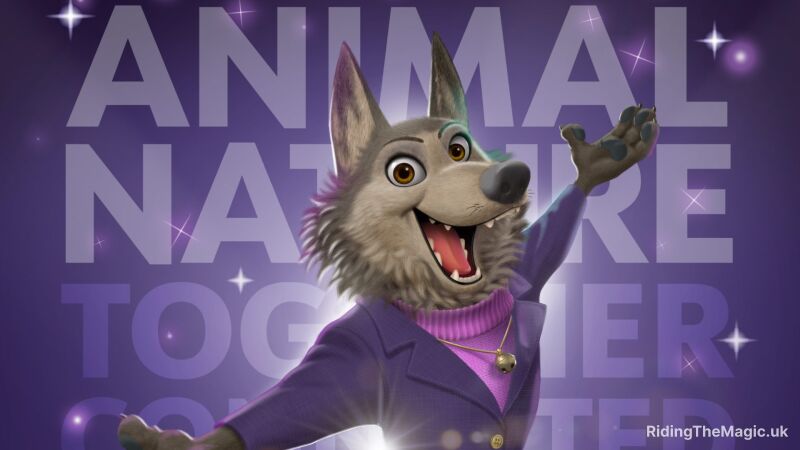 Purple background, animated smiling cartoon grey wolf arms out wide in purple blazed and pink roll neck jumper with gold bell necklace