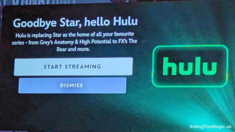 A screen shows Hulu replacing Star with a green glow and a message