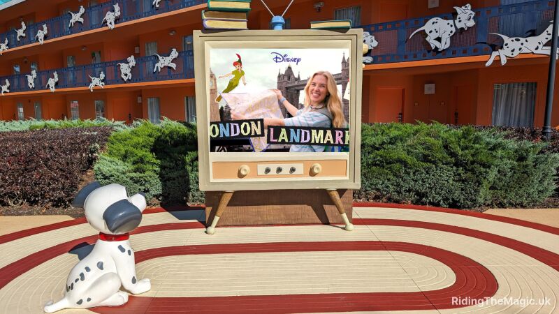 A Dalmatian statue sits in front of a London Landmark themed attraction at Disney's Hollywood Studios