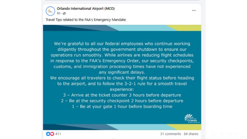 Orlando International Airport Facebook post about travel tips related to the FAA's Emergency Mandate