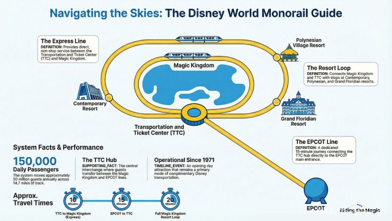 Stylized map of the Disney World monorail system showing looped routes linking the Transportation and Ticket Center, Magic Kingdom, EPCOT, and nearby resorts with icons and system facts.