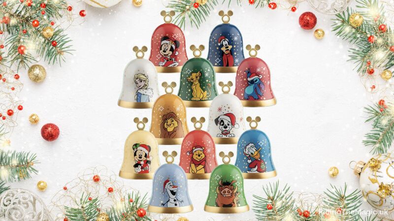 Disney Christmas bells featuring characters like Mickey, Minnie, Simba, and Olaf on a Christmas tree