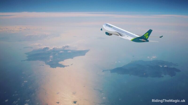 Aer Lingus plane flying over the ocean with clouds and land in the background