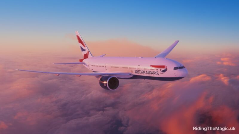 British Airways plane flying over clouds with pink and blue sky in the background