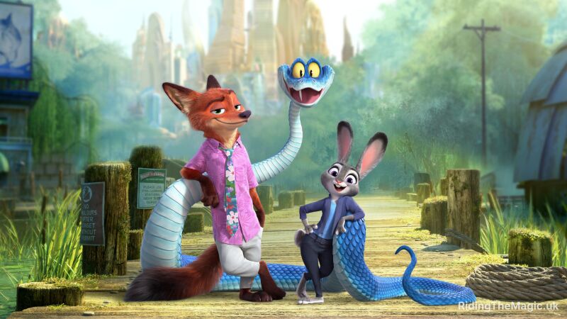 Nick and Judy from Zootopia stand next to a blue snake on a wooden dock