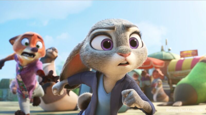 A scene from the movie Zootopia with Judy Hopps running and Nick Wilde behind her