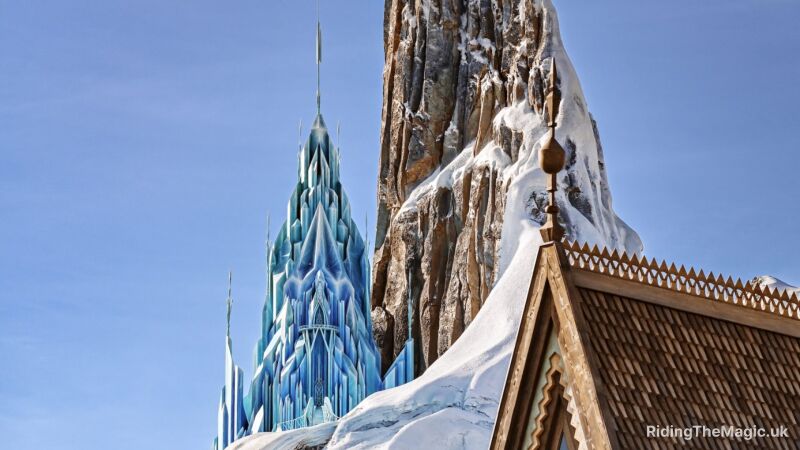 A blue castle with a tower and a mountain covered with snow