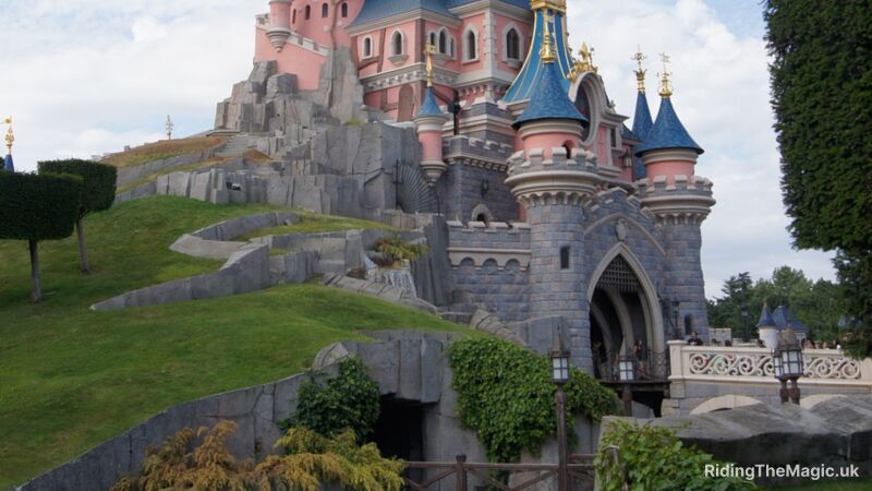 Sleeping Beauty Castle at Disneyland Paris on a cloudy day