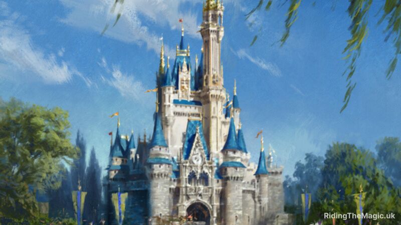 A painting of Cinderella's Castle with blue and white colors and a blue sky