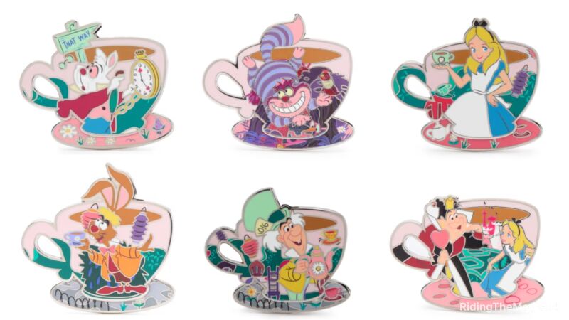 Six Disney Alice in Wonderland pins on a white background