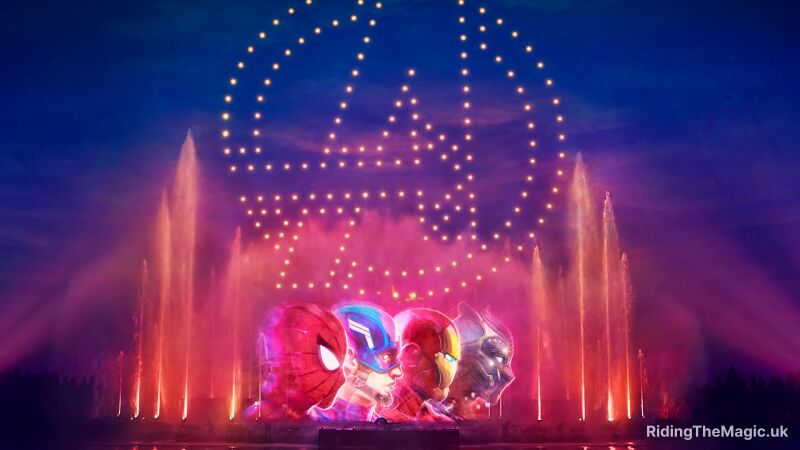 Disney World's Avengers Campus opening day with fireworks and water fountains in the background