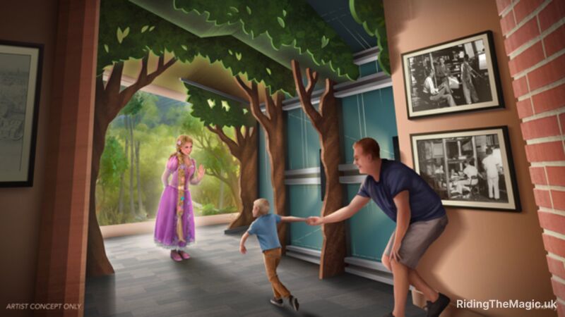 A man and child holding hands with a Rapunzel character in a Disney themed room