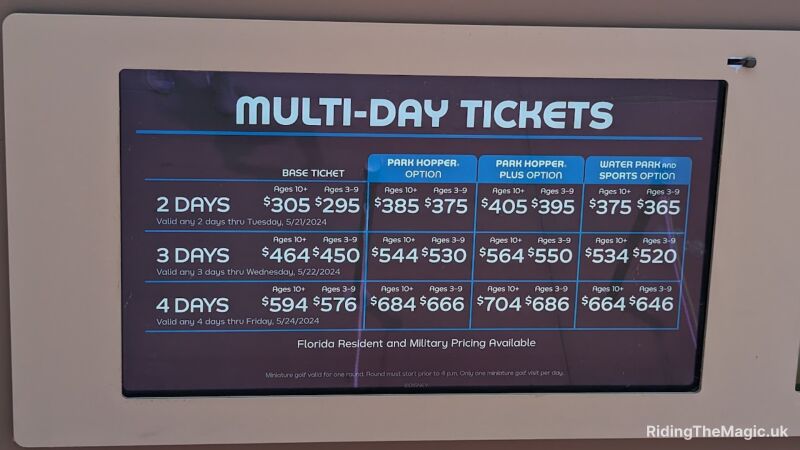 A screen showing multi-day ticket prices for Disney's Animal Kingdom