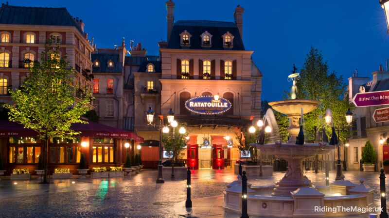 An image of a fountain in front of a building with the word "Ratatouille"