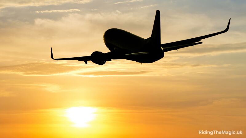 A plane silhouette flying against a sunset sky